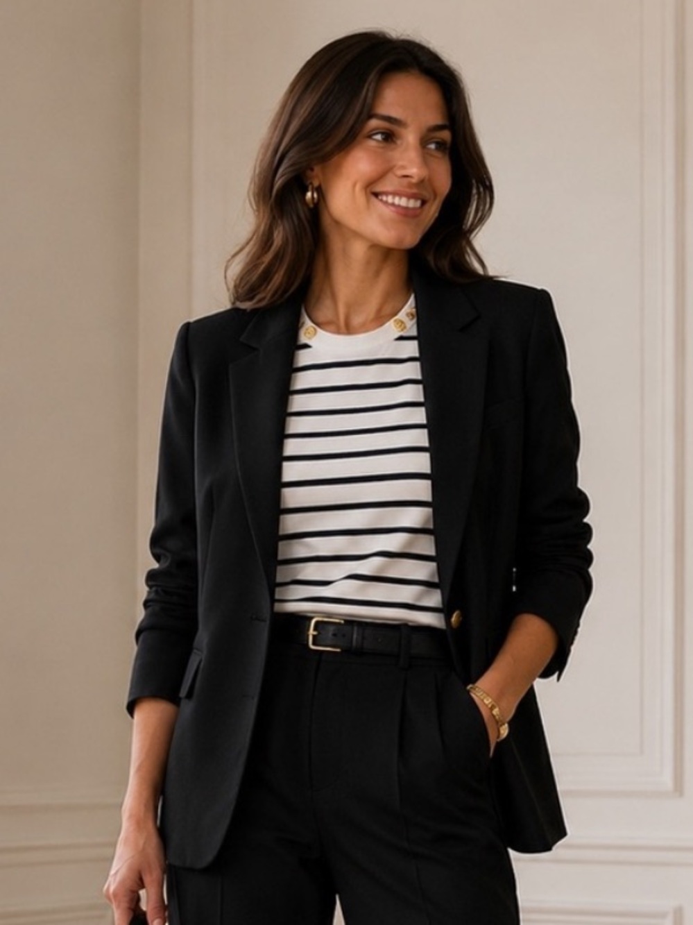 J. Crew White and Navy Striped Button-Shoulder Top